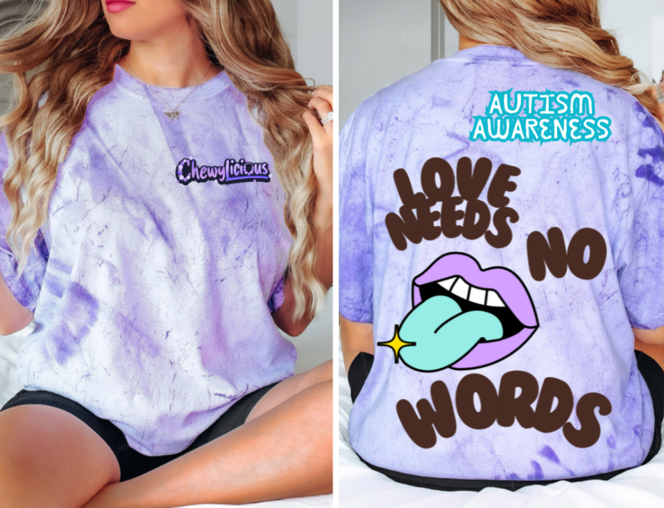 "Love Needs No Words autism awareness t-shirt featuring a heartfelt design symbolizing nonverbal communication, acceptance, and support for the autism community. Handmade and custom-made to support neurodiversity."